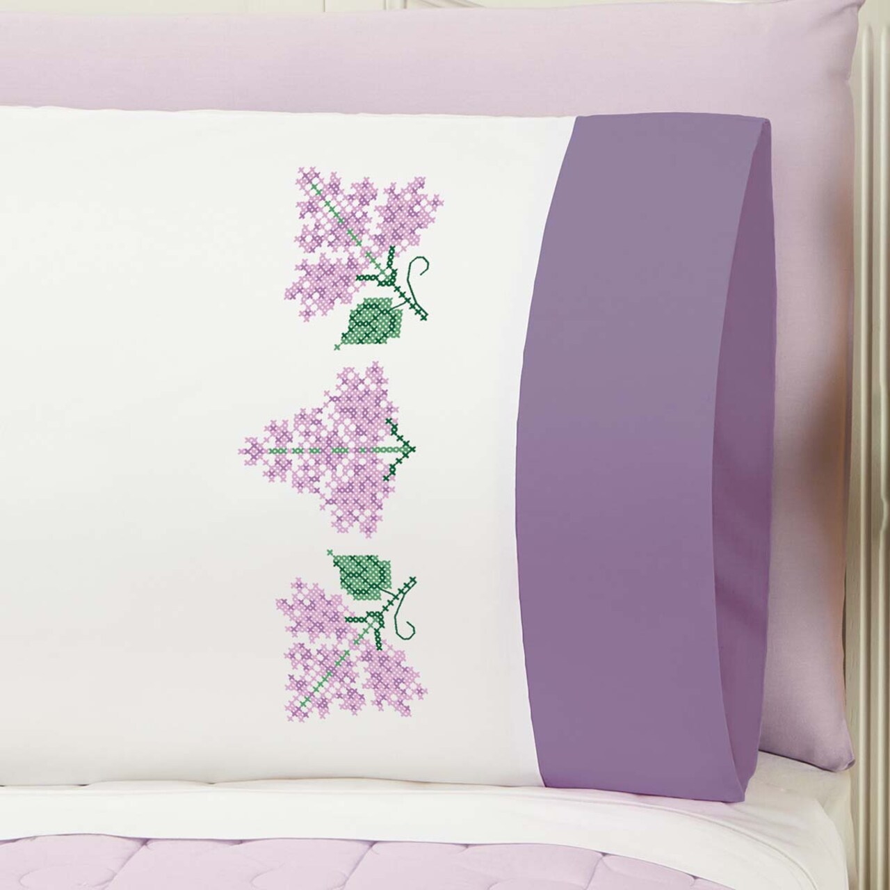 Herrschners Lilac Blooms Cuffed Pillowcase Pair Stamped Cross-Stitch